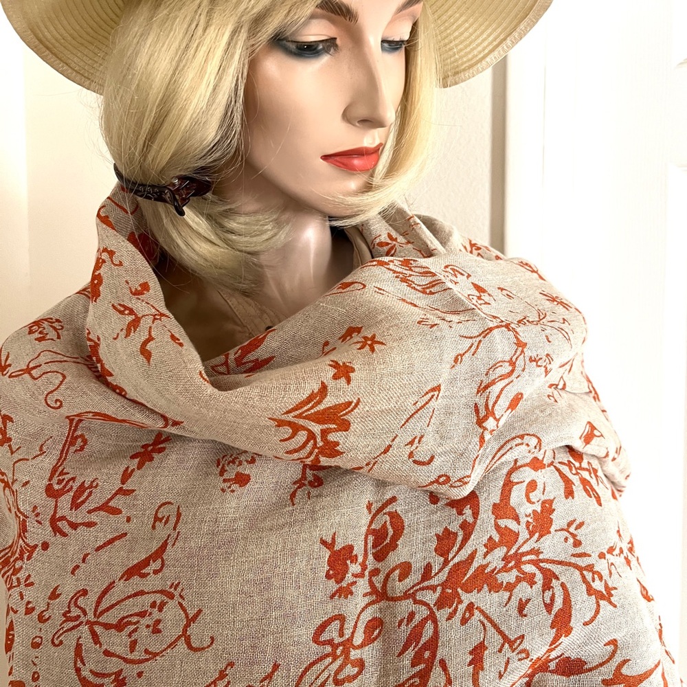 Massimo Dutti Natural Linen Scarf Shawl Wrap  Baroque Botanical Fairies